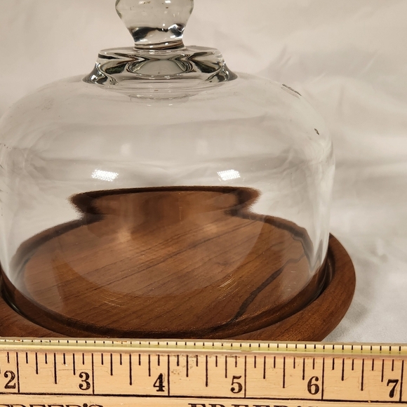 Vintage Good Wood Genuine Teakwood Cheese Tray w/ Heavy Glass Dome Cover Dish - Picture 7 of 8
